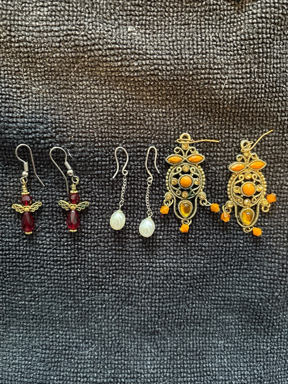 Mixed Women's Earring Trio - Red, Pearl & Orange Accents